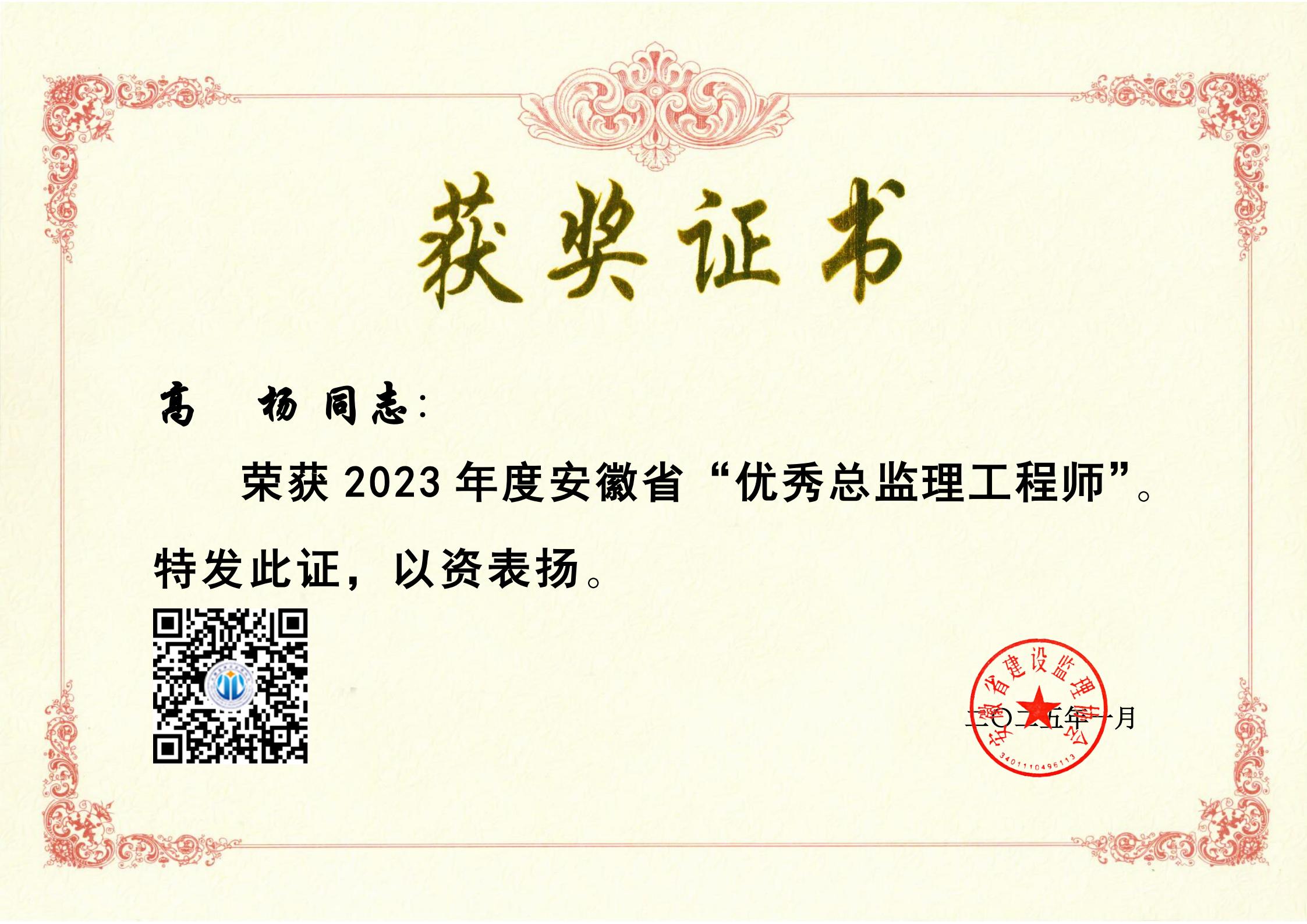 2023年度高杨安徽省优秀总监理工程师